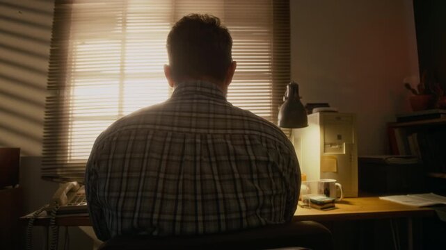 Rear backlit shot of unrecognizable man working on retro desktop computer with tower case at home office, with landline telephone and coffee mug on table, sun streaming through window blinds