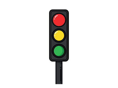 Traffic light with red, yellow, and green lights on a black pole