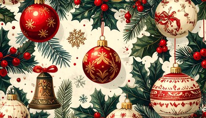 Festive Christmas Ornaments and Holly Berries Holiday Season.