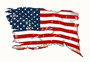 Artistic representation of a tattered and weathered American flag with frayed edges, symbolizing resilience and history while evoking a sense of vintage patriotism