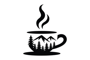Coffee Cup Silhouette with Mountain and Forest Scene