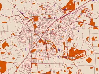 Fototapeta premium Cartographic city illustration of Ahlen, Germany — warm ivory base with deep wine street grid, clay-orange areas and dusky purple waterways