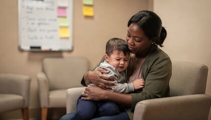 Medium shot highlighting a parent comforting a restless toddler amid a warm visitation setting with observation notes and checkin reminders subtly blurred behind.