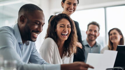 Obraz premium Hyperrealistic premium commercial stock photo banner, workplace happiness concept: diverse coworkers laughing during an office meeting, friendly team bonding, one colleague standin