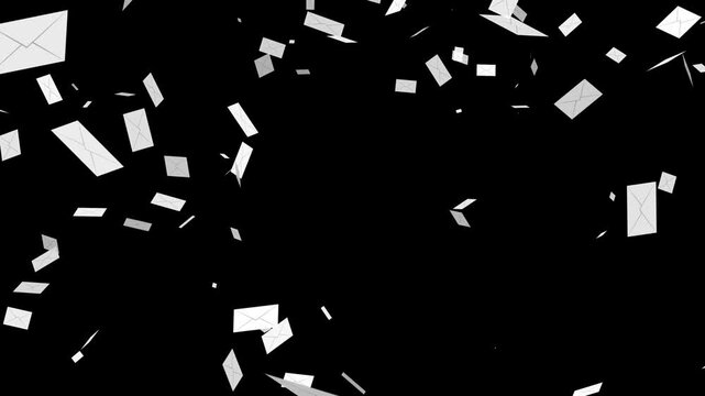 White envelope mail animation falling randomly downward on black background. 4K animated mail falling for overlay, scattered letter falling, motion graphics, background effect, and inbox overload.