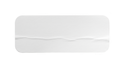Blank white rounded rectangle paper sticker with realistic wrinkles and imperfections for mockup designs and branding isolated on transparent background