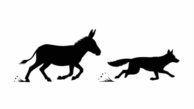 Dynamic scene of a running donkey followed closely by a chasing coyote