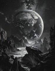 Monochrome Alien Landscape with Planet View and Rocky Terrain.