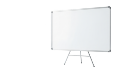 Clean blank whiteboard with silver frame on tripod stand isolated on transparent background
