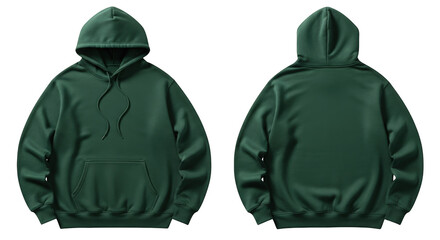 Dark green hoodie template front and back view for branding design and customization isolated on transparent background