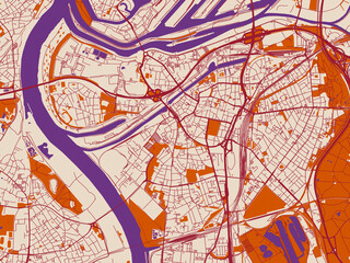 Obraz premium City map of Duisburg, Germany – muted violet water and terracotta