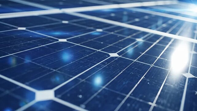 Renewable energy solar panel array : An intricate display of interconnected photovoltaic cells, radiating a cool, blue-toned glow. The panels, capturing the essence of renewable energy and innovation.