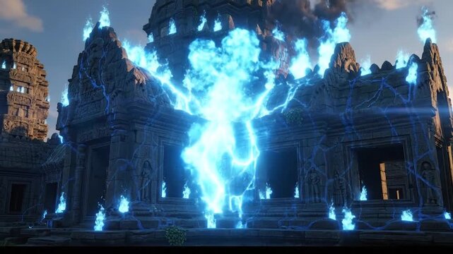 Ruined temple adorned with glowing blue power lines