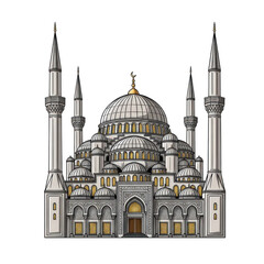 Obraz premium Illustrated mosque with multiple minarets isolated on transparent background