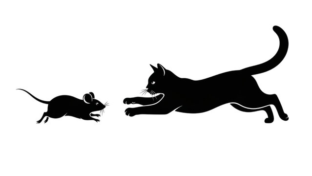 Black cat chasing a small mouse across a white background silhouette illustration