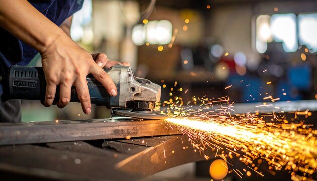 Person using power tool to cut metal, sparks flying everywhere in industrial workshop