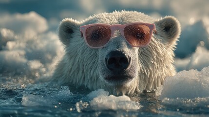Polar bear wearing sunglasses swims in icy waters of the Arctic while surrounded by ice floes under bright daylight