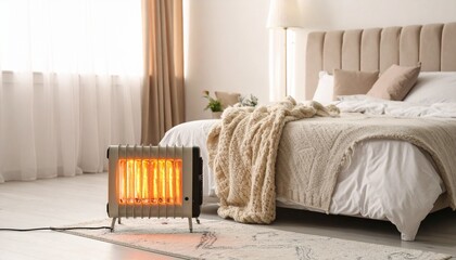 A portable electric heater glowing orange in a serene bedroom with a comfortable bed and soft lighting from the window