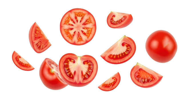 Fresh red tomato slices and whole fruit arranged with visible seeds isolated on transparent background