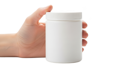 Hand holding blank white plastic jar for mockup isolated on transparent background