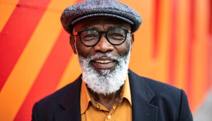 Portrait of a smiling senior man wearing a hat and glasses in front of a vibrant orange wall, captured from a close-up view.