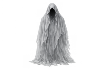 Ghostly figure with a hooded cloak and tattered white cloth, symbolizing fear, hauntings, and the supernatural on transparent background