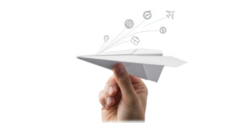 Hand holding paper airplane symbolizing business opportunities travel and global ventures isolated on transparent background