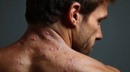 Fototapeta premium Back of a man with skin condition showing acne and dermatology symptoms during a consultation in a clinical setting