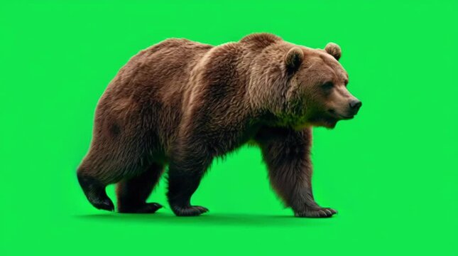 A magnificent brown grizzly bear is walking confidently with a side profile view on a bright green screen.