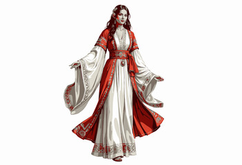 Fototapeta premium Elegantly Dressed Woman in Traditional Red and White Flowing Garment Adorned with Intricate Gold Embellishments Standing Gracefully Against a Plain Background