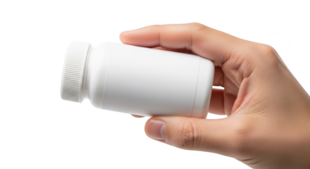 Hand holding white medicine bottle demonstrating pharmaceutical product or vitamin supplement isolated on transparent background