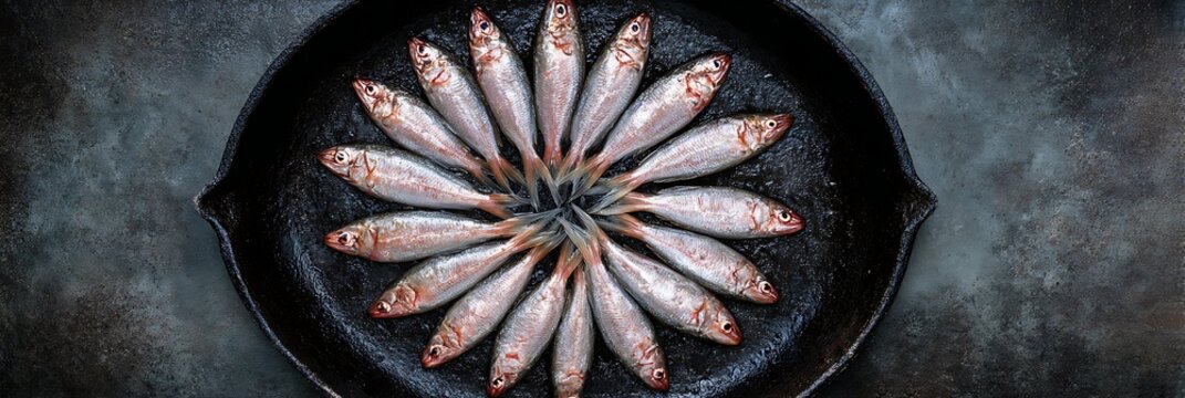 close-up of fish and frying pan, cooking, poster