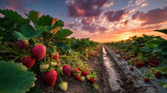 Lush strawberry fields under a bright sky at sunset reveal ripe fruit ready for picking in a peaceful farming landscape
