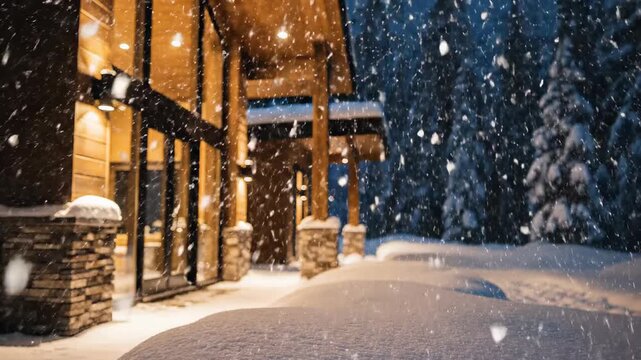 Cozy Retreat Amidst Snowfall: A captivating scene unfolds as a warm, inviting building, perhaps a lodge or home, is enveloped by a gentle snowfall, creating a serene and picturesque winter landscape.