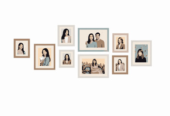 Gallery Wall Display with Several Framed Portrait Photographs Featuring Diverse Individuals in Varied Poses on a Minimalistic Background
