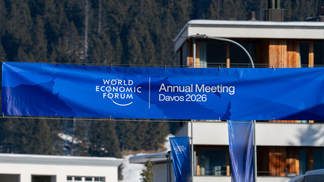 Davos, switzerland, january 20th 2026 world economic forum annual meeting 2026 banner in davos