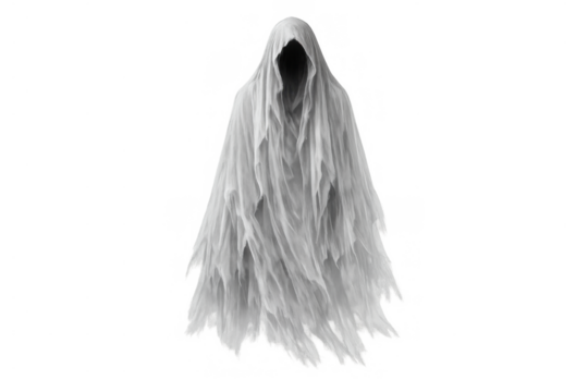 Ghost creature floating, eerie halloween spirit, spooky phantom character, scary death concept isolated over transparent background - Powered by Adobe