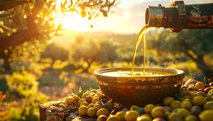 Golden olive oil pouring into a bowl surrounded by olives in a serene orchard at sunrise from a high vantage point LKJ (216).jpg