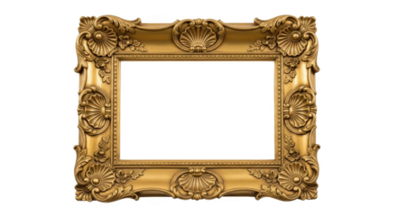 Intricate golden picture frame ornate carvings vintage style elegant design artistic frame isolated on transparent background