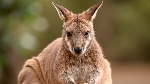 A close-up portrait of a brown wallaby or small kangaroo looking directly at the viewer with a blurred natural background.