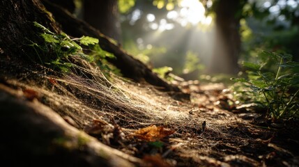 Complex web of mycelium intertwines beneath forest floor during morning light in wooded area