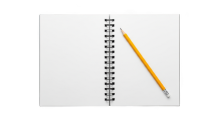Open blank spiral notebook with yellow pencil lying on white pages isolated on transparent background