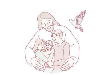 Fototapeta premium Christianity and religious education concept. Kind smiling Jesus in white clothing standing and hugging happy family with child taking care vector illustration