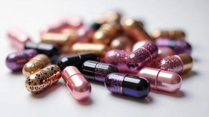 Luxury glitter capsules and pills assortment on white background