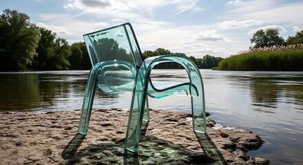 A chair with artificial glass near river