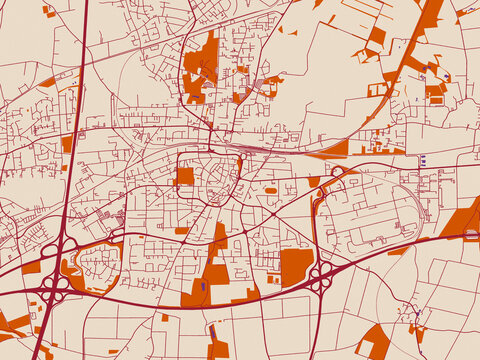 Street network map of Unna, Germany, featuring minimal cream city base with wine-red streets, terracotta accents and soft purple water areas