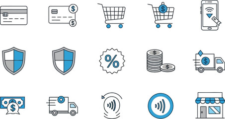 Fototapeta premium Collection of minimalist line icons illustrating various concepts related to digital payment, commerce, security,.