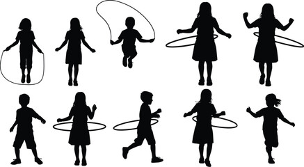 Children silhouettes show various activities including jumping rope.