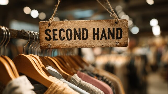 Second hand clothing sign hangs on rack in thrift shop for shoppers in search of affordable items