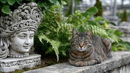 Gray cat sits on the wall of an ancient house.